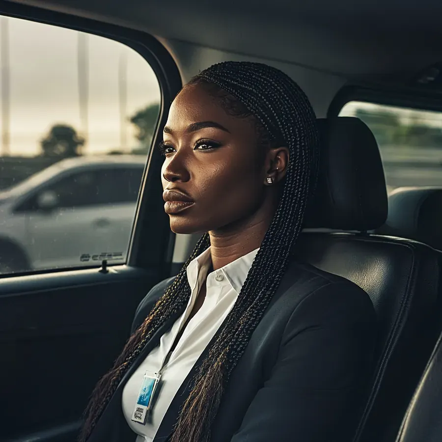 Illustration: a rider in a work blazer looks out of a car window as the evening comes in