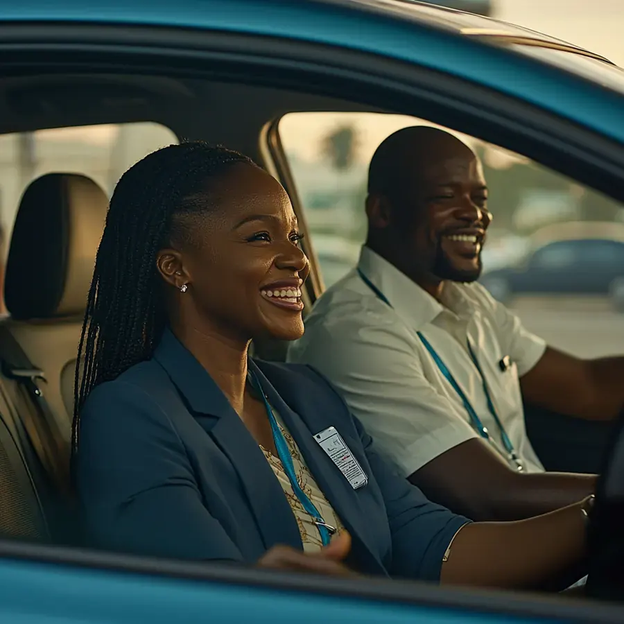 Illustration: a rider and her driver smile as they set off in a blue car